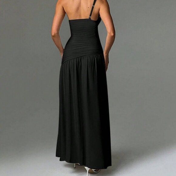 Black Sexy Women's Solid Color Asymmetrical Neck Ruffle Ruched Split Hem Dress - Picture 2 of 6